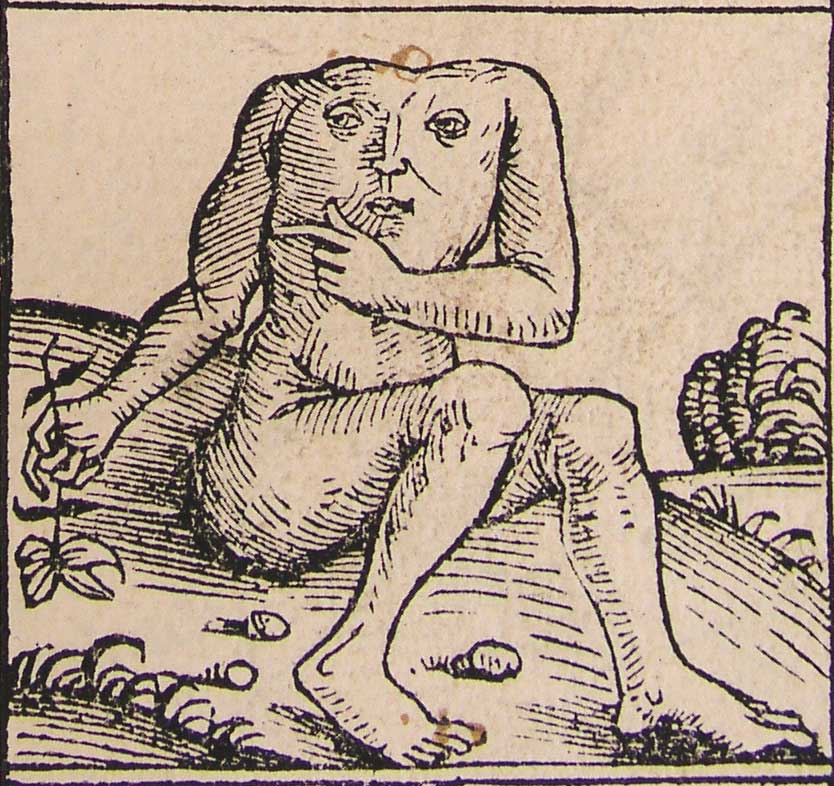 A headless man with his face in his chest: Blemmyae woodcut from the Nuremberg Chronicle, 1493